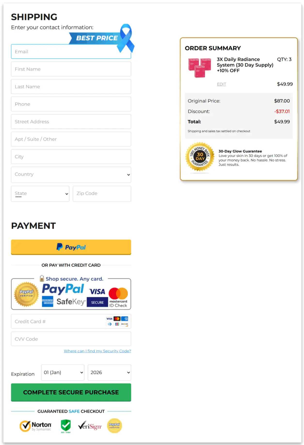 Beautystat Secure Checkout Page